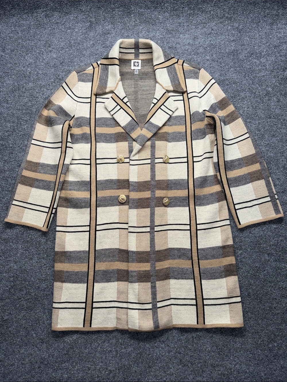 Anne Klein Plaid Double-Breasted Pea Coat in Cream & Tan